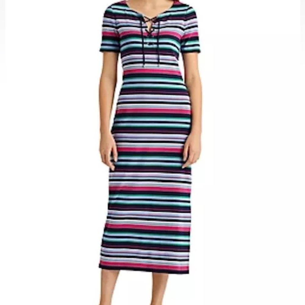 Lauren Ralph Lauren Striped  Lace-Up Cotton Midi Dress